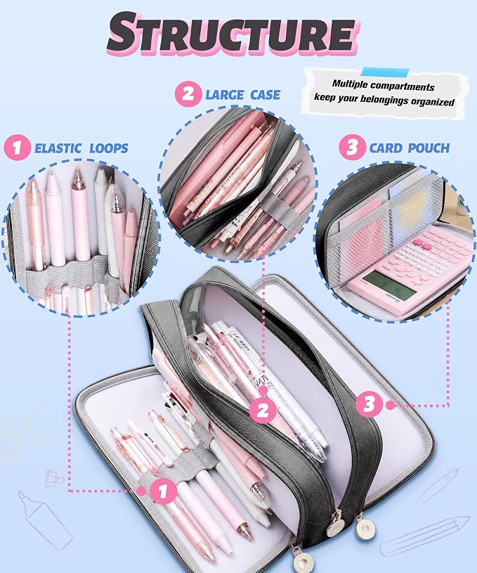 FAHZON Cute Pencil Case, 3 Large Compartments Pencil Pouch, Elastic Pen Slots&Mesh Pockets for Stationery, Pencil Bag for School Supplies with Zipper for Girls Boy Women Teens Adults-Black