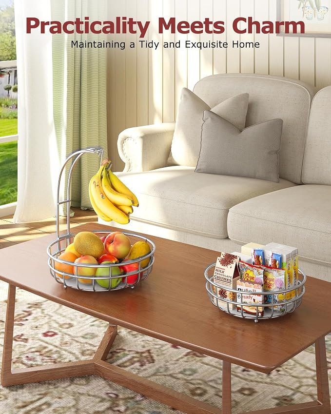 Sevenblue 2 Tier Modern Fruit Basket for Kitchen, Silvery, Extra Large | Space-Saving Vertical Storage for Veggies, Bread, Snacks, Fits Under Cabinets, includes 2 banana hooks and protective mats