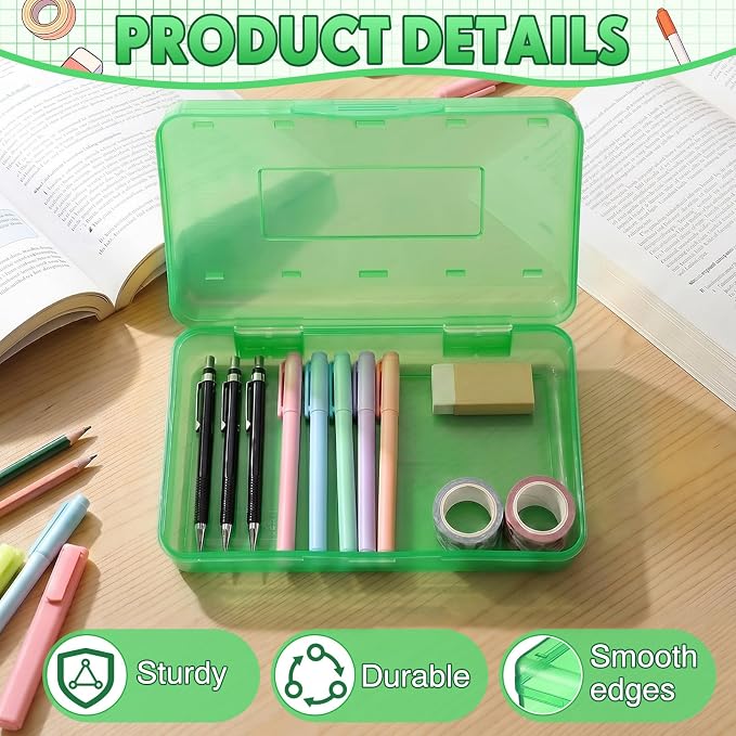 Blulu 6 Pack Large Plastic Pencil Case Box Clear Pencil Boxes Bulk Hard Crayon Box Storage with Snap Lids 8.1 x 4.7 x 2.2 Inch Painting Organizer Classroom Stationery School Supplies (Green)