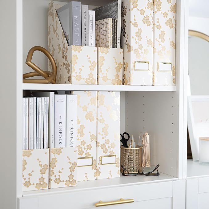 BLU MONACO | Set of 4 Foldable Magazine Storage Boxes with Gold Floral Pattern | Decorative Vertical File Organizers with Gold Label Holders for Desk, Shelves & Home Office