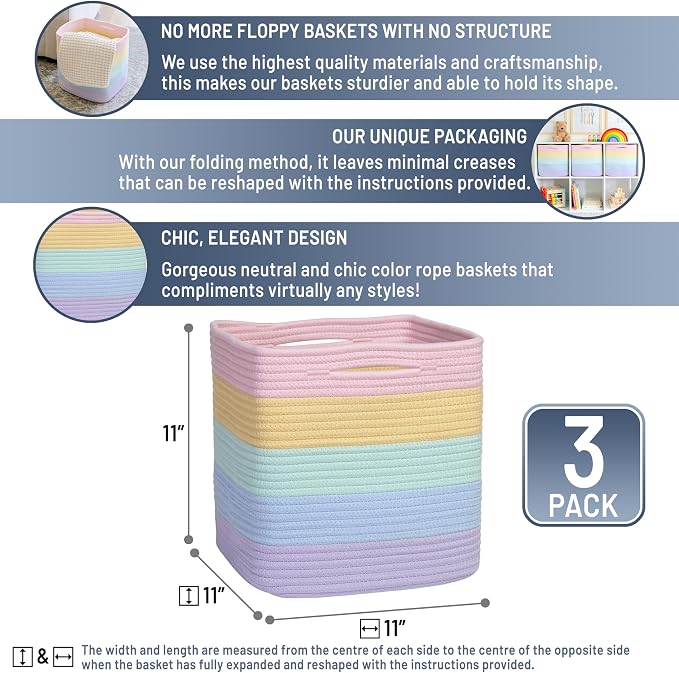 NaturalCozy Storage Cubes 11 Inch Cotton Rope Woven Baskets for Organizing, 3-Pack | Cube Storage Bin | Square Storage Baskets for Shelves Organizer, Classroom, Kids Toy Bins, Closet, Baby Nursery