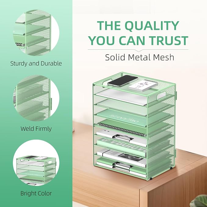 9-Tier Paper Organizer for Desk with Handles, Mint Green, 2 Pack | Desk File Organizer with Removable Trays for Sorting Files, Folders, Mail and Printer Paper at Home, School or Office