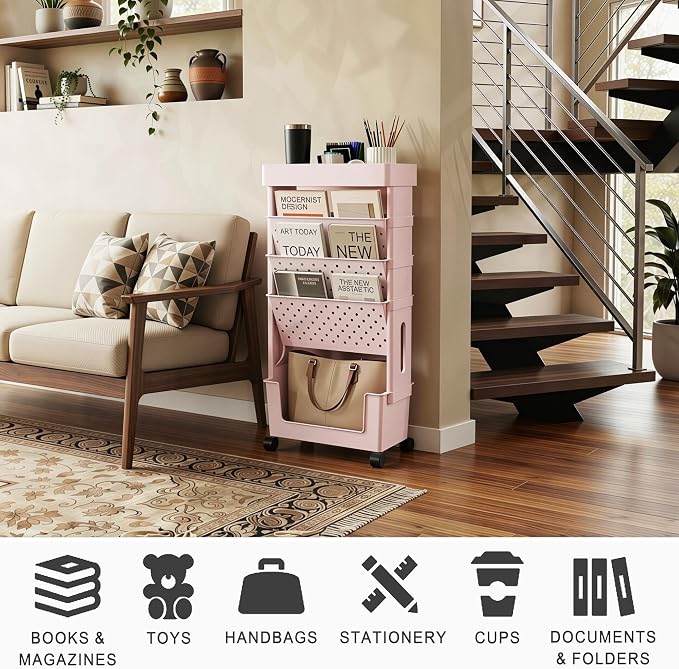 5-Tier Rolling Bookshelf Magazine Rack with Wheels Light Pink | Mobile Bookcase, Book Storage File Folder Organizer Cart for Home Study Office Living Room Classroom