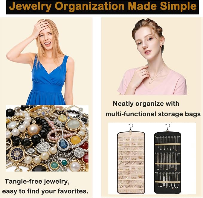 Hanging Jewelry Organizer, 1Pcs Large Double-Sided Jewelry Storage Roll with 48 Pockets and 21 Hooks for Necklaces Earrings Rings, Over the Door Jewelry Organizer with Hanger for Closet Wall