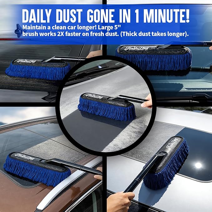 Flash Dog Wood Car Duster & Interior Brush Kit | Scratch-Free Waterless Exterior/Interior Cleaning for Car, SUV, Truck, RV | Waxed Cotton & Microfiber