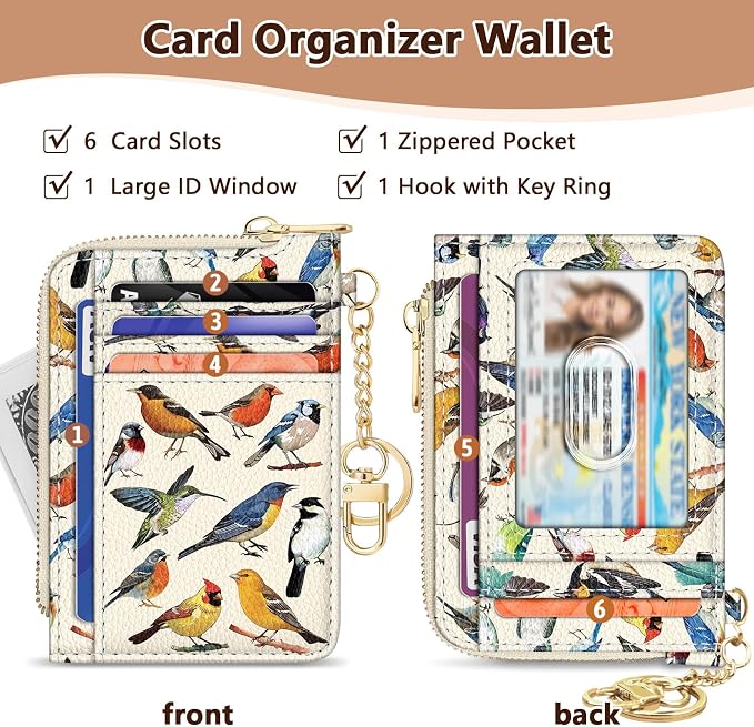 GIANCOMICS Slim Wallet Credit Card Holder Women, Bird Rfid Blocking Small Card Case, Keychain Thin Pocket Curved Zipper Wallet, Travel Card Holder PU Leather ID Window, Ladies Female Gifts