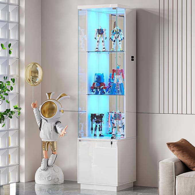 Lvifur Lockable Curio Display Cabinet with Glass Door,65" Lighted Curio Cabinet with 3 Color Lights for Collectibles,3-Tier Glass Display Case with Human Body Sensor for Living Room,White