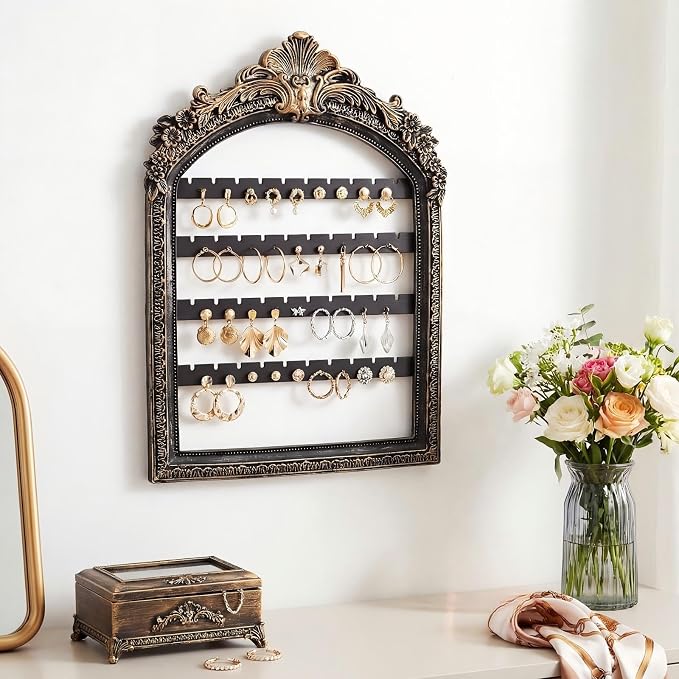 13 x 9.3'' Wall Hanging Earring Holder Black Vintage Jewelry Frame Organizers 4 Layer Wall Mounted Earrings Display Rack with Hooks Decorative Retro Jewelry Display for Necklaces