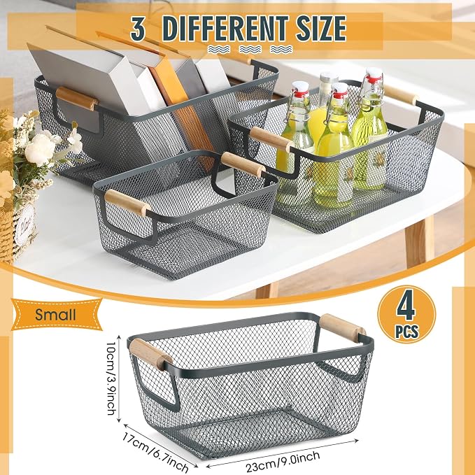 Ziliny 4 Pcs Metal Mesh Wire Baskets with Wooden Handles for Organizing, Pantry Organizers and Storage Steel Bin Kitchen Baskets for Fruit Potato Onion Snacks Bathroom Cabinet(Small,Dark Gray)