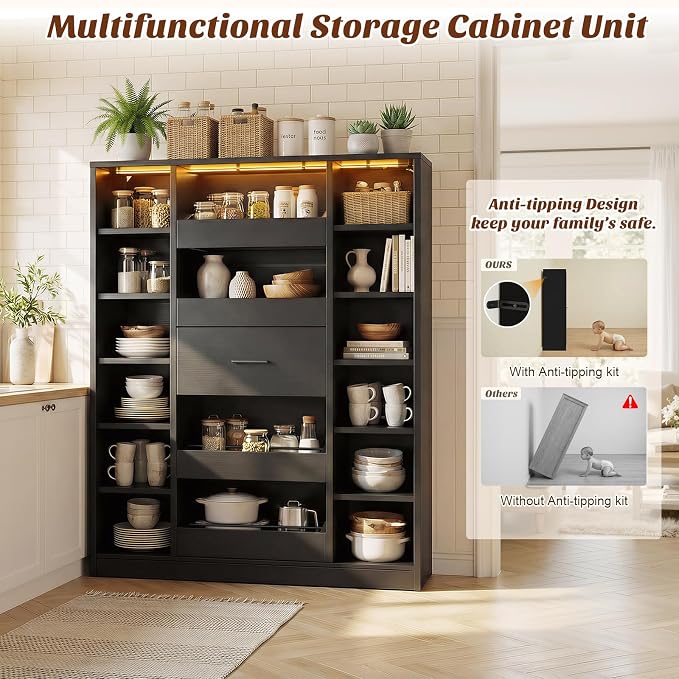 Besiost 40" Closet System with LED Lights, Wooden Closet Organizer with Drawers & Shelves, Versatile Closet Storage Tower for Walk-in Closets, Shoe Rack and Handbag Storage Cabinet, Black