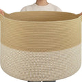 OIAHOMY 115L Extra Large Blanket Basket for Living Room, 23.6" x 15.4" Woven Cotton Rope Laundry Basket for Organizing Pillows, Decorative Stuffed Animal Toy Storage for Nursery, Jute and White