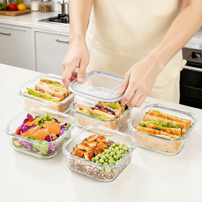 Vtopmart 5Pack 27oz Glass Storage Containers with Lids, Glass Meal Prep Food Container Sets, Sandwich Containers with Snap Airtight Lid for Microwave, Oven, Freezer and Dishwasher, Grey