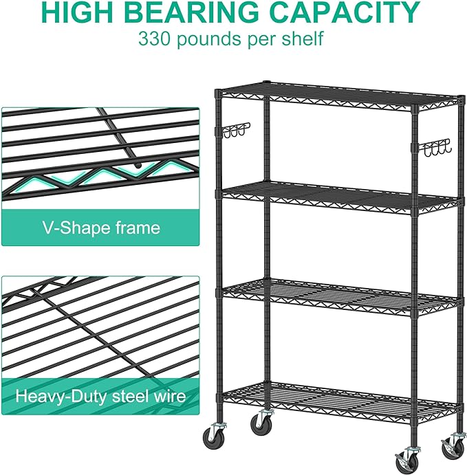 Folews 4-Tier Storage Shelving Unit with Wheels, Metal Rolling Storage Shelves NSF Adjustable Layer Steel Rack Shelf, Wire Shelving Storage for Kitchen Garage Pantry Office, Black (14D x 36W x 57H)