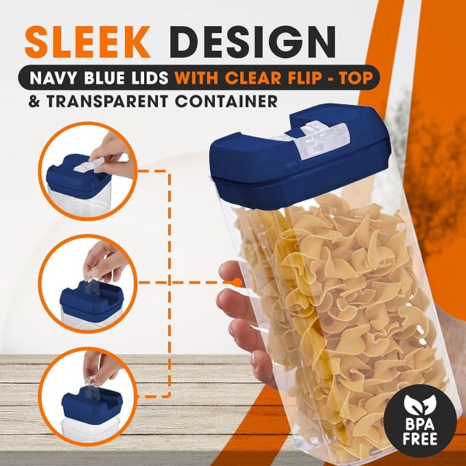 Set of 6 Airtight Food Storage Containers - Pantry Organizer Bins, BPA Free Plastic Containers plus Dry Erase Marker and Labels, Navy