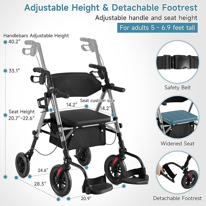 Walkers for Seniors, 2 in 1 Rollator Wheelchairs Combo 10" Big Wheels Walker with Seat, Rollator Transport Chair with Brakes Folding Rolling Walker for Adults, Grey