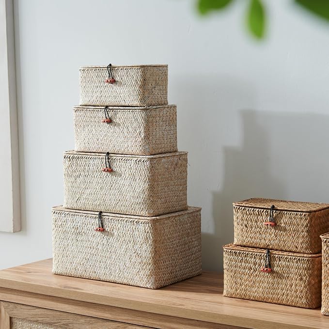 4 Pack, Wicker Baskets with Lids, Natural Seagrass Storage Baskets, Woven Rectangular Basket Bins, Rattan Storage Organizer for Shelf (Whitewashed, Set of 4)