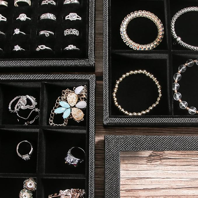 Julysky 4 Pcs/set Stackable Jewelry Organizer Trays with Glass Lid,100 Slots Ring Holder,Bracelet Displays Stand for Selling Necklace Earring Rack