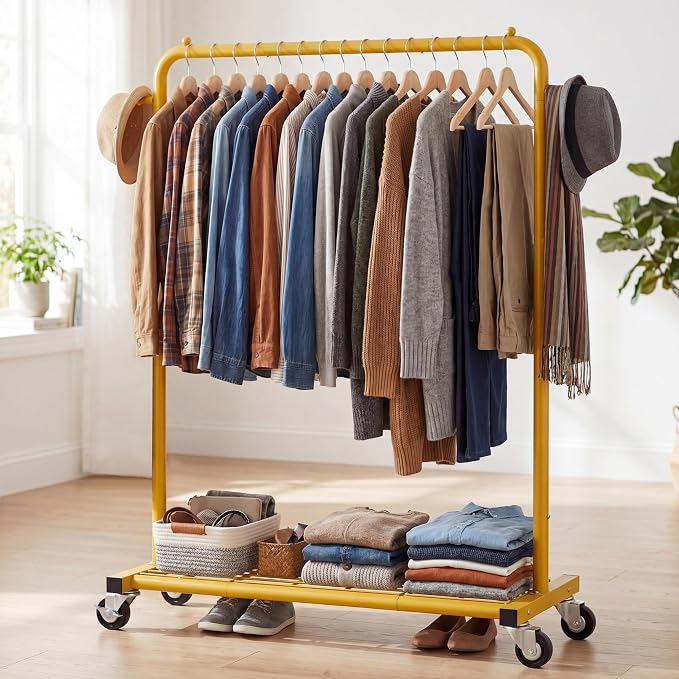 Sywhitta Clothing Rack on wheels, Clothes Rack with Bottom Mesh Storage Shelf,Sturdy Metal Frame,for Hanging Clothes,Coats,Skirts,39.76 "W x 16.06" D x 63.78" H,Gold Yellow