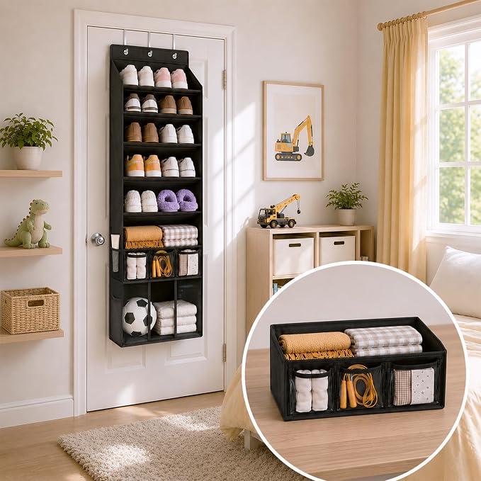 3in1 Over The Door Shoe Organizer with 5 Slanted Compartments,Removable Storage Bin & Transparent Pockets,Thickened Waterproof Oxford Fabric Shoes Rack for Shoes,Boots,Toys,Daily Essentials. (Black)