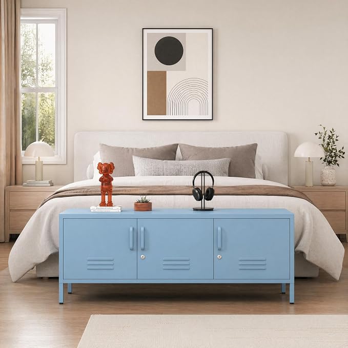 Metal Storage Cabinet-22"Tall Steel TV Stand Cabinet Adjustable Shelves storage locker Lockable Blue Metal Cabinet for Home Office Bedroom Living Room Balcony Entryway Size：22" H X 47.3" W X 13.8" D
