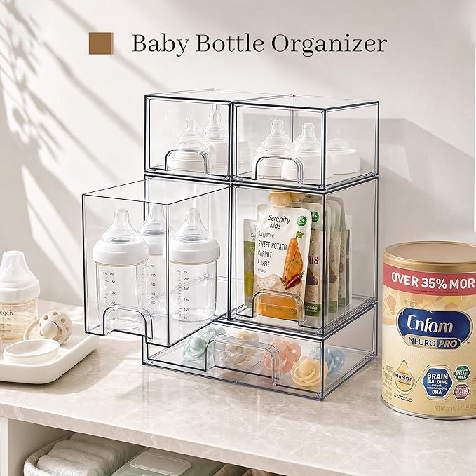 TIPGO Clear Stackable Storage Drawers, Baby Bottle Organizers, Easily-Access Makeup Organizer, Durable Containers for Bathroom Countertop, Pantry and Medicine Cabinet Organizer