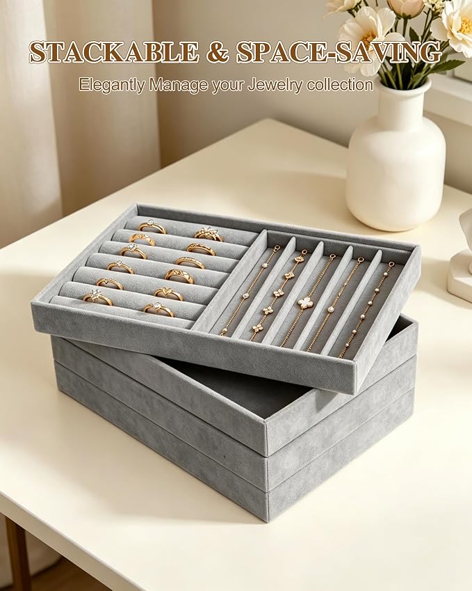 Velvet Jewelry Drawer Organizer Tray Set, 4-Layer Stackable Storage with Removable Dividers for Earrings Rings Necklaces Bracelets (Grey, 4 Layers)