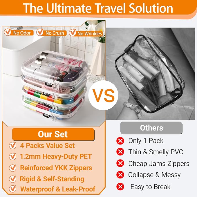 YQBRAO 4-Pack Clear Diaper Bag Organizer Pouches, 1.2mm Ultra-Thick PET Travel Pouches for Toiletries & Makeup, Rigid Self-Standing Bags with YKK Zippers, TSA Approved