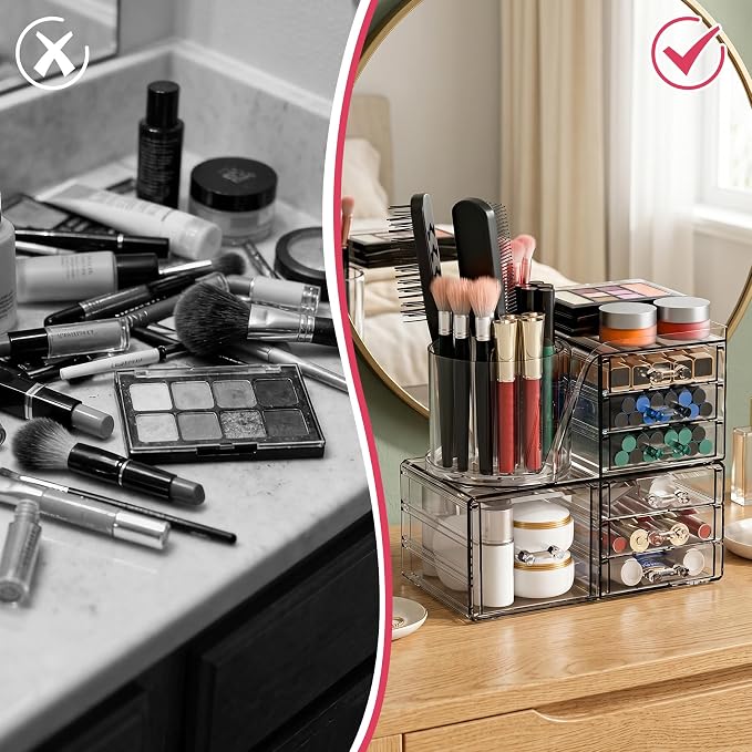 ShineMe Make Up Organizers for Vanity, 2 Tier Acrylic Stackable Cosmetic Organizer with Rotating Makeup Brush Holder & 7 Drawers, Clear Hair Accessory Organizer Countertop for Dresser, Bathroom