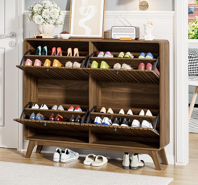 Jluomei Large Shoe Cabinet for Entryway, Bamboo Narrow Shoe Cabinet Storage with 4 Flip Drawers, Slim Fluted Shoe Rack Organizer for Entry Way, Hallway, Thin, Skinny, Wood, Walnut
