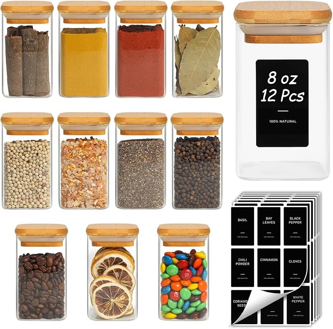 ComSaf Glass Spice Jars with Labels 8 oz 12 Pack Square Bamboo Lids | Empty Containers, Seasoning Herbs Powders, Salt Pepper Chili, Spice Rack Organization, Kitchen Cabinet Storage, Dry Goods