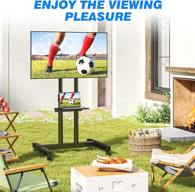 Rfiver Mobile TV Cart Rolling TV Stand for 32-83 Inch Screens up to 110lbs, Portable TV Stand on Wheels with Height Adjustable Shelf, Outdoor TV Stands Mount for Home Office MAX VESA 600x400mm, Black
