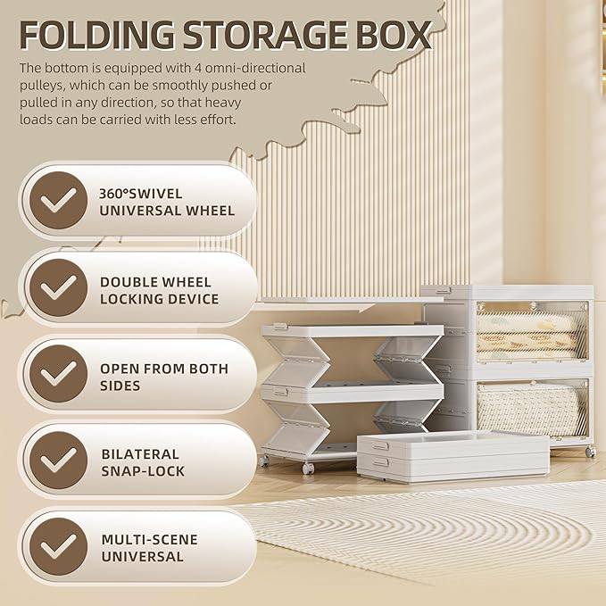 188 QT / 47 Gal Large Foldable Storage Cabinet with Wheels - Extra Capacity, Transparent Front & Back Doors, One-Pull Assembly, Silent Casters for Garage/Stockpile (PP Material)