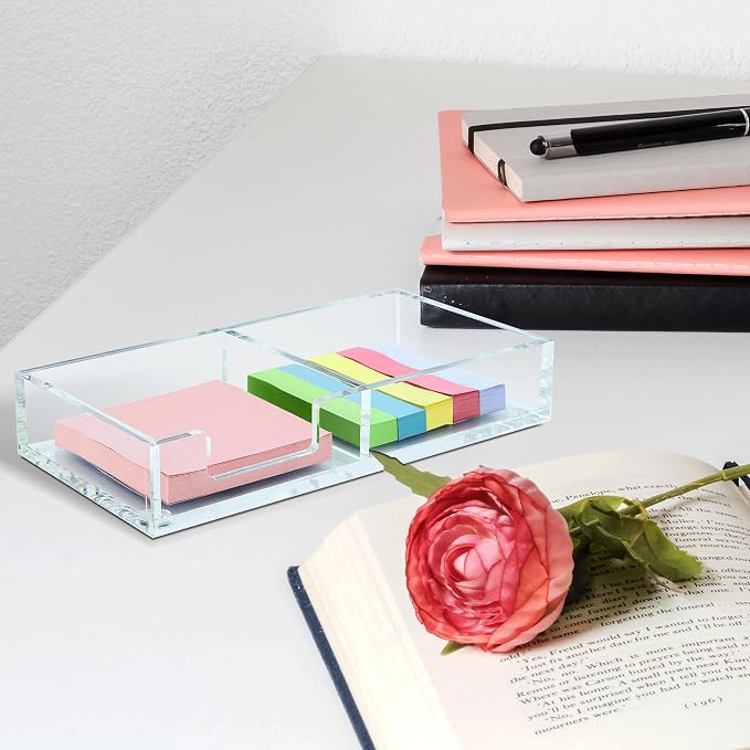 2in1 Clear Sticky Notes Holder Memo Dispenser Desk Organizer | Transparent acrylic material, Dual-slot separated storage, Smooth, scratch-resistant & durable,Stable base anti-slip
