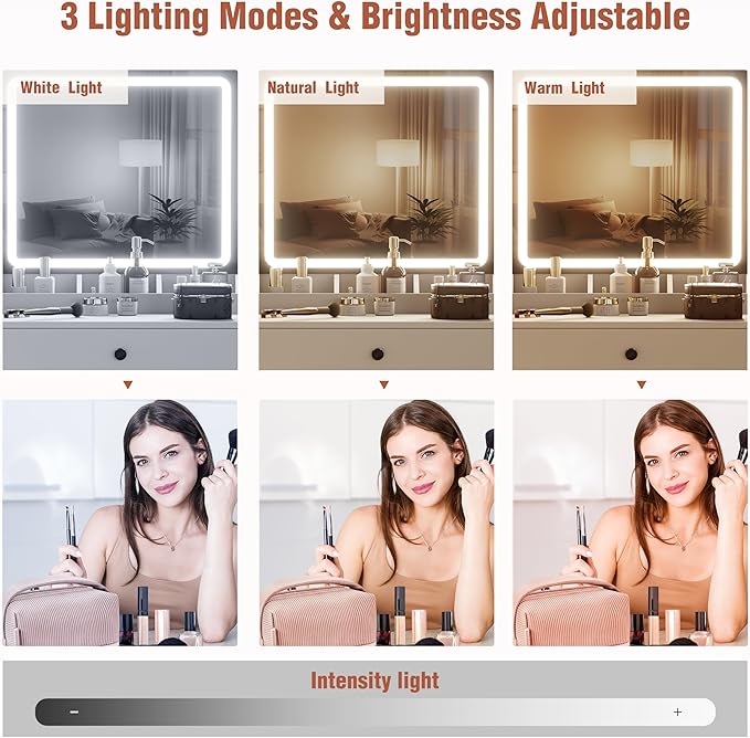YIKEHOME White Makeup Vanity Desk with Mirror and Lights, Makeup Table with 2 Large Drawers, 3 Color Modes Adjustable Bulb, Power Outlet and Round Holder, Dressing Table for Women Girls Bedroom