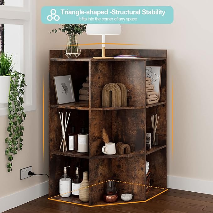 HedoAjim Corner Cabinet, Corner Storage Shelf with USB Ports and Outlets Industrial Organizer for Small Space Wooden 9-Cubby Bookshelf for Study, Playroom, Living Room (Rustic)