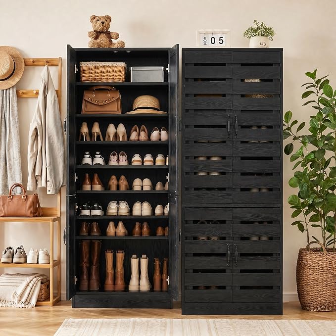 Tribesigns 71 in. Tall Shoe Cabinet with Doors,9-Tier Rustic Black Wood Vertical Shoe Storage with Adjustable Shelves and Metal Handle for Entryway,Living Room,Hallway