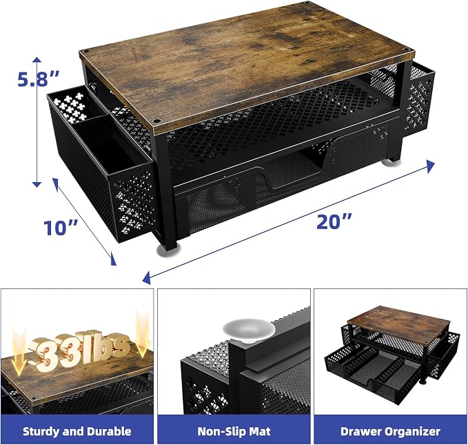 Simple Trending 2-Tier Wood Monitor Stand with Drawer & 2 Pen Holders | 20"W x 10"D x 5.8"H. Wood + metal frame, holds 100 lbs. 2-tier + drawer + pen holder. Non-slip base. Easy assembly.