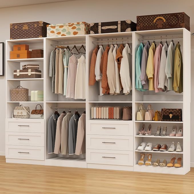 Closet System with 4 Sets, 8-21FT Closet Organizer Systems with 6 Drawers & 8 Hanging Rods & Adjustable Shelves, Walk in Closet Freestanding Closet System Modular Closet System Set White