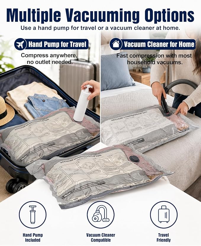 Fantictas Vacuum Storage Bags, 10 Small Space Saver Bags with Hand Pump 80% Space Saver Vacuum Seal Bags Vacuum Seal Compression Bags for Clothes, Travel Luggage, Closet, Dorm, Moving
