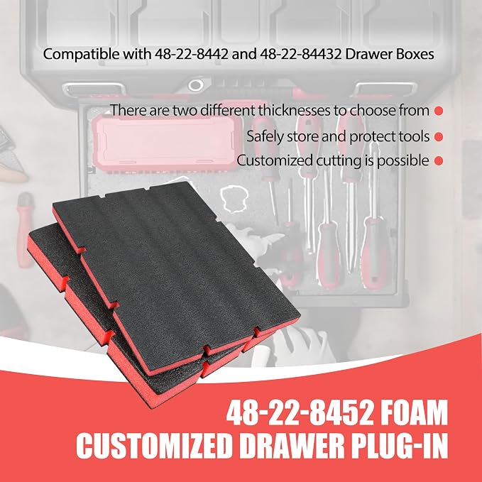 48-22-8452 Packout Foam Tool Organizer Inserts Compatible with Milwau-kee | 48-22-8442 and 48-22-84432 Drawer Boxes ,2 Pack Black/Red