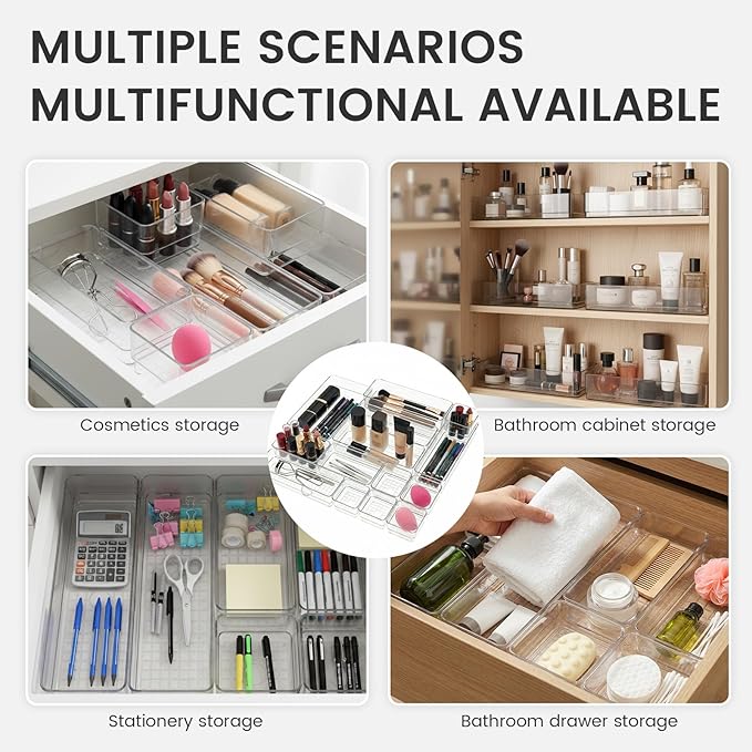 33 PCS Clear Plastic Drawer Organizer Set, 4 Sizes Acrylic Drawer Storage Trays Non Slip Storage Bins for Makeup, Jewelry, Gadgets for Kitchen, Bedroom, Bathroom, Office