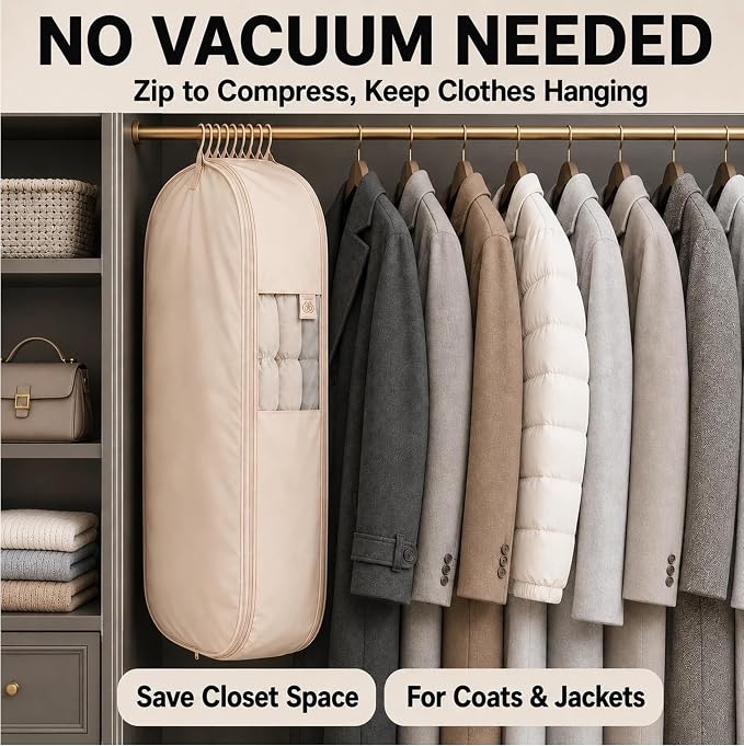 Space Saving Hanging Garment Bag, Compression Zipper for Coats & Jackets | Hanging storage keeps clothes visible and easy to find; holds 12-15 coats or 20-25 light garments; no pump needed.