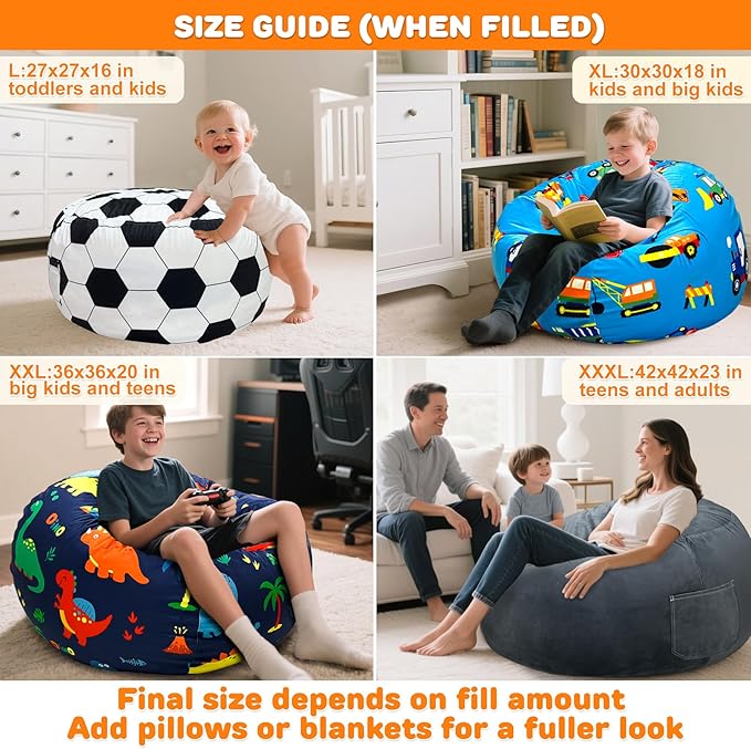 Lukeight Stuffed Animals Storage Bean Bag Chair Cover Only (Ships Empty, No Filling) - Velvet YKK Zipper Beanbag Cover for Toddlers and Kids, Washable Plush Toy Organizer, Large 27" D x 16" H