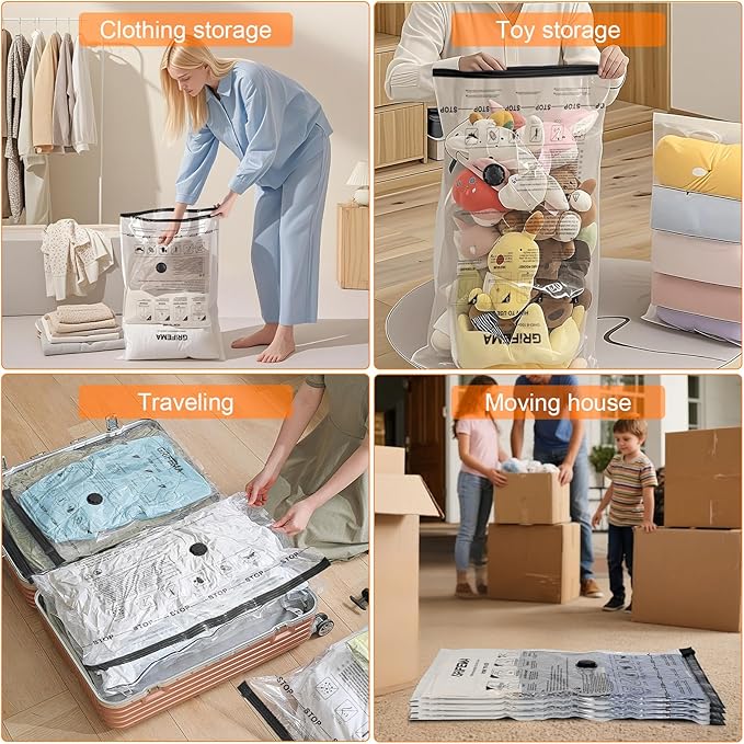 GRIFEMA GH83-5, 6 Pack Vacuum Storage Bags 70x50 cm - Reusable Space Saver Bags for Blankets, Duvets, Clothes, Seasonal Clothing & Travel Luggage Storage
