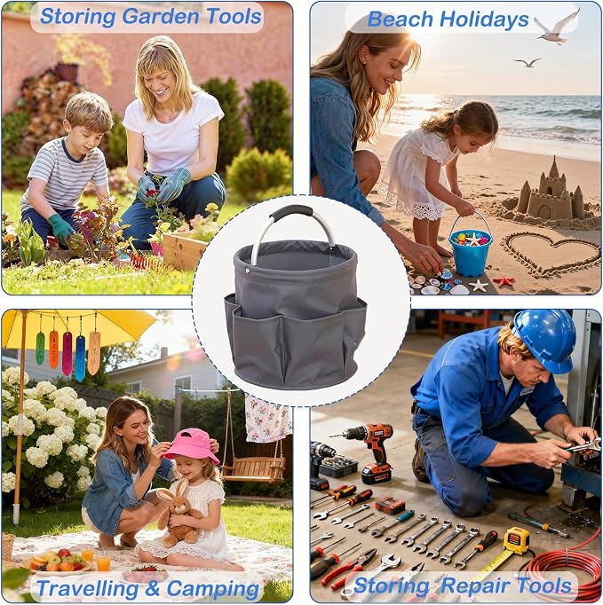 17L Foldable Cleaning Caddy with Handle, Cleaning Supplies Organizer Storage Basket with 6 Side Pockets, Portable Multi Cleaning Bucket Bag for Home Garden Bathroom Camping (Dark Grey)