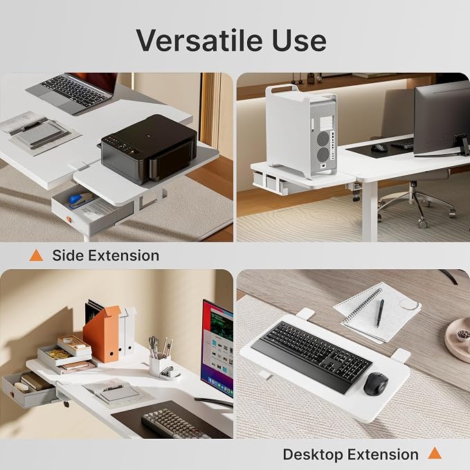 PEGZONE Desk Extender Tray, 24" x 12", with Storage Drawer, Medium, White | Desk Extension, Clamp on Desk Shelf, Clamp on Keyboard Tray for Office and Home, Workstation Organizer