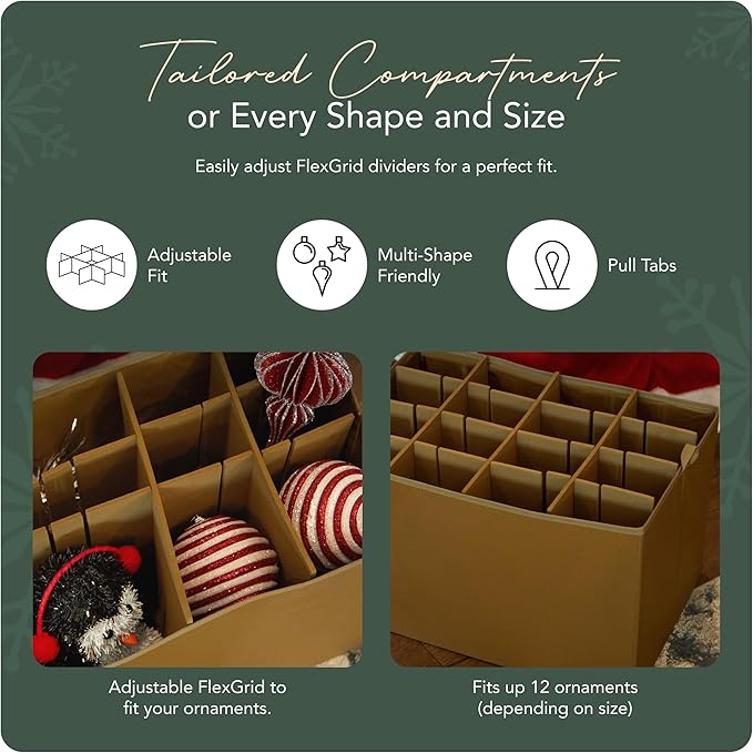 Covermates Keepsakes Adjustable Ornament Storage Bag – Heavy-Duty Polyester, Padded Dividers & FlexGrid Trays – Protective Holiday Ornament Organizer with Handles & Label Window, Green