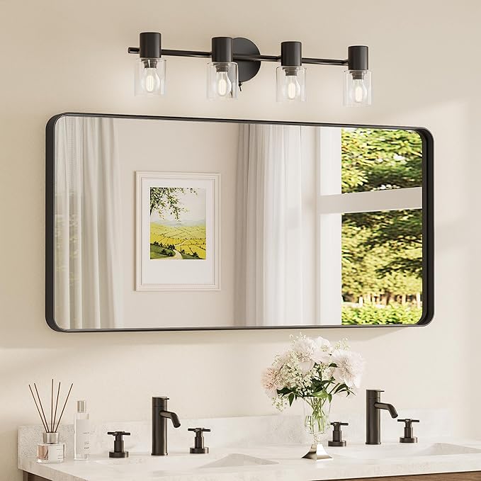 TETOTE 48 x 24 Inch Black Frame Mirror, Bathroom Vanity Mirror for Wall, Modern Rectangle Round Corner Matte Framed Mirror (Horizontal/Vertical)