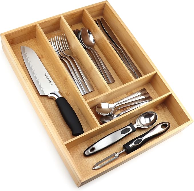 Pristine Bamboo Silverware Organizer, 6-Slot, Small Deep Brown | Small Extra-Deep Wooden Kitchen Drawer Organizer, 6 Slots for Spoons, Forks, Knives – Bamboo Utensil Divider