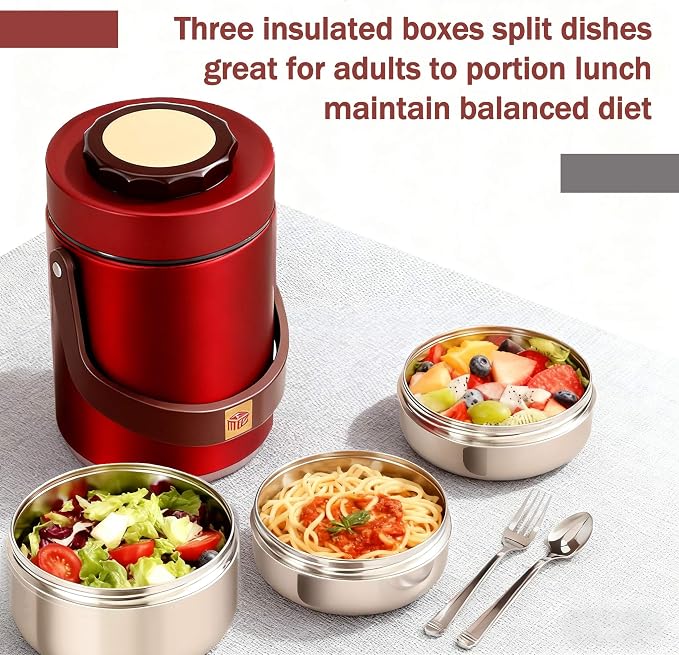 67oz Vacuum Insulated Lunch Food Container for Hot Food, 3 Tier Stackable | Adults Stainless Steel Wide Mouth Thermal Lunch Box, Leak-Proof Thermo Food Jar for Office & Outdoor (Red)